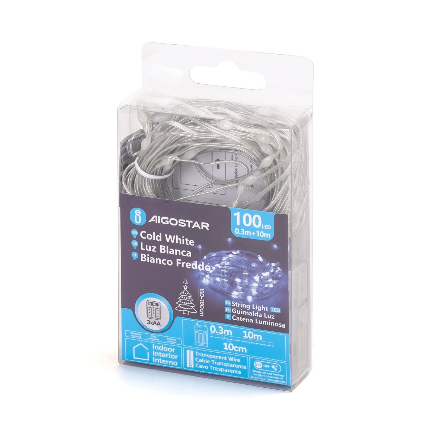 Aigostar - Guirlanda de luzes de Natal LED 100xLED/3xAA 10,3m branco frio
