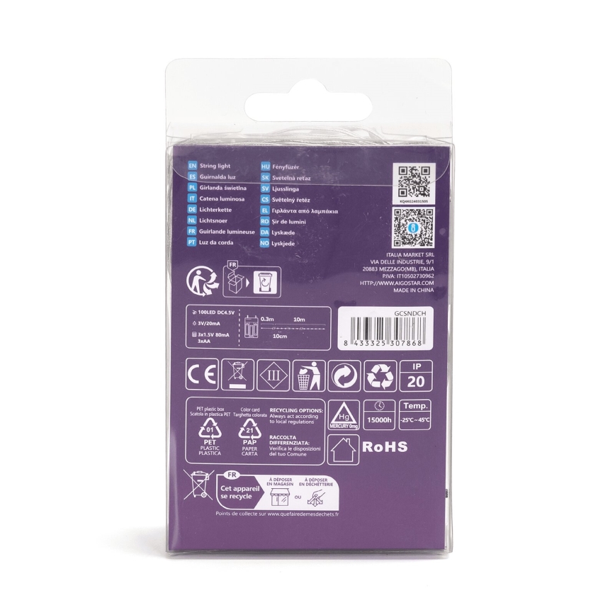 Aigostar - Guirlanda de luzes de Natal LED 100xLED/3xAA 10,3m branco frio