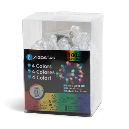 Aigostar - Cadeia de luzes de Natal LED para exterior 100 LEDs/8 funções 3x pilhas AA 10,3 m IP44 multicolorido