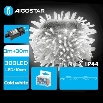 Aigostar - Guirlanda de luzes LED para exterior 300 LEDs / 8 funções 33 m IP44 branco frio