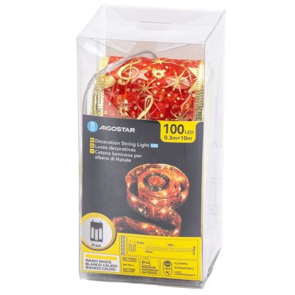 Aigostar - Cordão de luzes de Natal LED 100xLED/3xAA 10 m branco quente vermelho