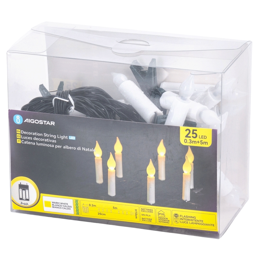 Aigostar - Cordão de luzes de Natal LED 25xLED/3xAA 5 m branco quente
