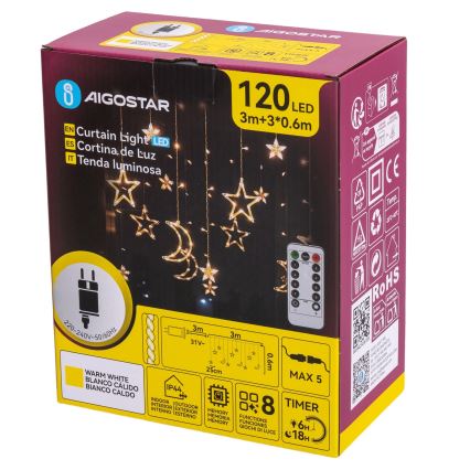 Aigostar - Cordão de LED para exterior 120xLED/6W/230V/8 funções 3x0,6m IP44 branco quente + controlo remoto