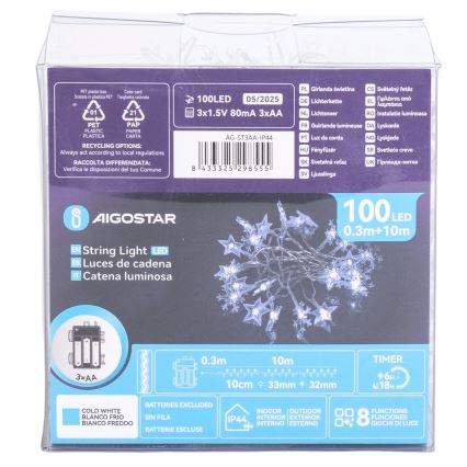 Aigostar - Guirlanda de Natal LED para exterior, 100 LEDs, 8 funções, 3x pilhas AA, 10 m, IP44, branco frio