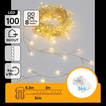 Aigostar - Guirlanda de Natal LED para exterior 100 LEDs/8 funções 3x AA 3,3m IP44 branco quente