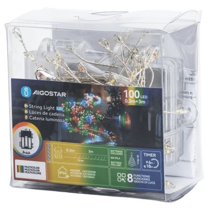 Aigostar - Guirlanda de Natal LED para exterior 100 LEDs / 8 funções 3xAA 3,3 m IP44 multicolorido