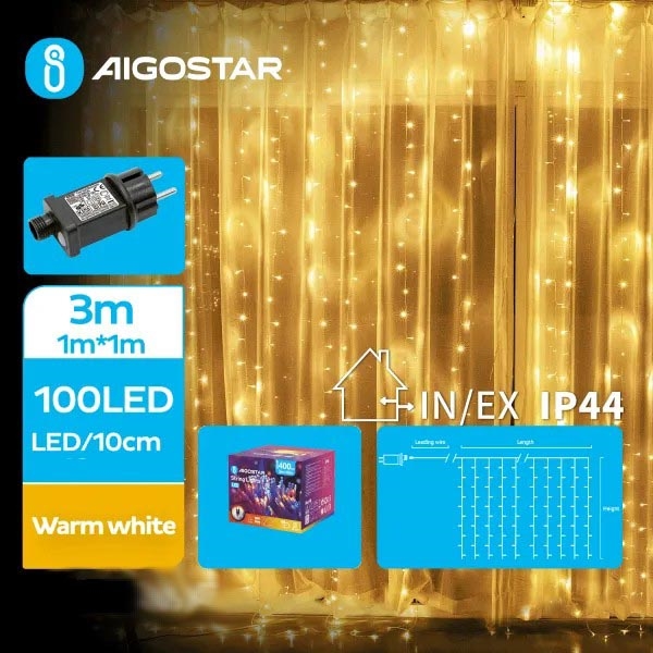 Aigostar - Guirlanda de Natal LED para exterior, 100 LEDs/8 funções, 4 x 1 m, IP44, branco quente