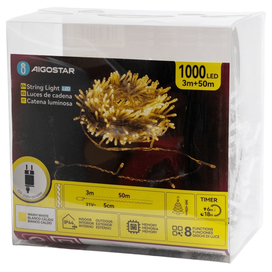 Aigostar - Guirlanda de Natal LED para exterior, 1000 LEDs / 8 funções, 50 m, IP44, branco quente