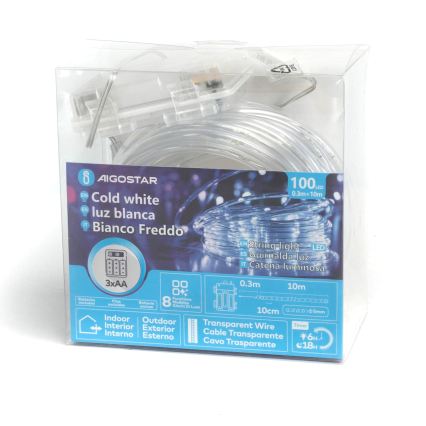 Aigostar - Luzes LED de Natal para exterior 100xLED/8 funções 3xAA 10,3m IP44 branco frio