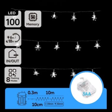 Aigostar - Guirlanda de Natal LED para exterior 100xLED/8 funções 3xAA 10 m IP44 branco frio
