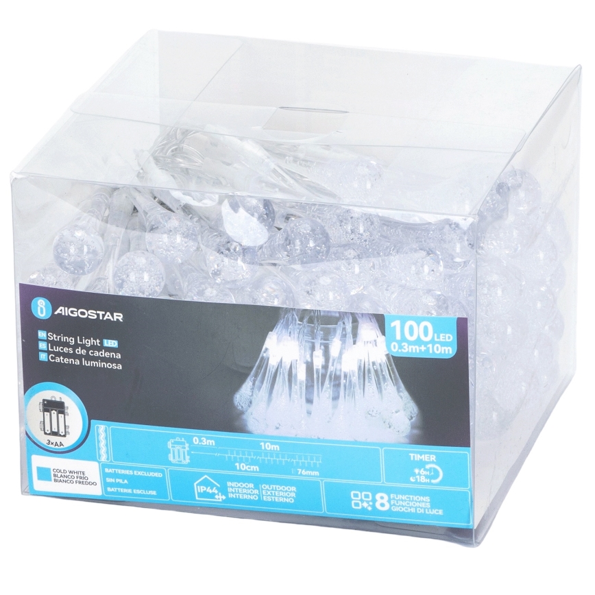 Aigostar - Guirlanda de Natal LED para exterior 100xLED/8 funções 3xAA 10m IP44 branco frio gotas