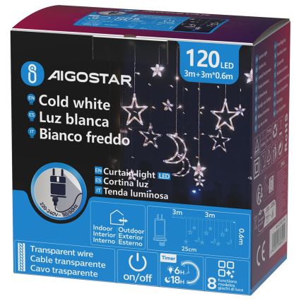 Aigostar - Guirlanda de Natal LED para exterior 120xLED/6W/230V/8 funções 3x0,6m IP44 branco frio + comando remoto