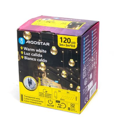 Aigostar - Corrente de luzes LED para exterior 120xLED/8 funções 3x0,6m IP44 branco quente + controlo remoto