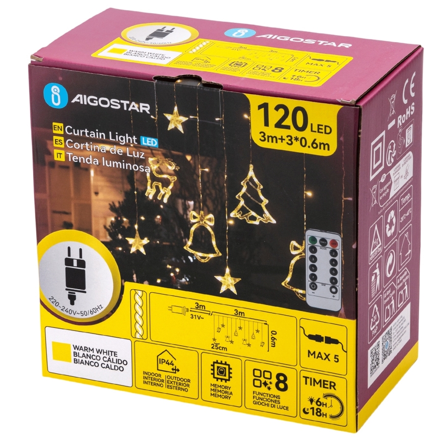 Aigostar - LED Guirlanda de Natal para exteriores 120xLED/8 funções 3x0,6m IP44 branco quente + controlo remoto