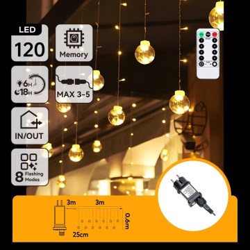 Aigostar - Guirlanda de Natal LED para exterior 120xLED/8 funções 3x0,6m IP44 branco quente + comando à distância