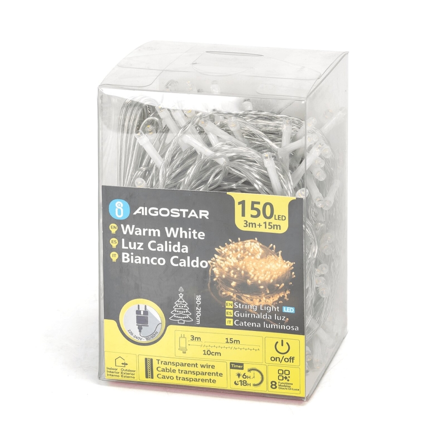 Aigostar - Guirlanda de Natal LED para exterior 150 LEDs / 8 funções, 18 m, IP44, branco quente