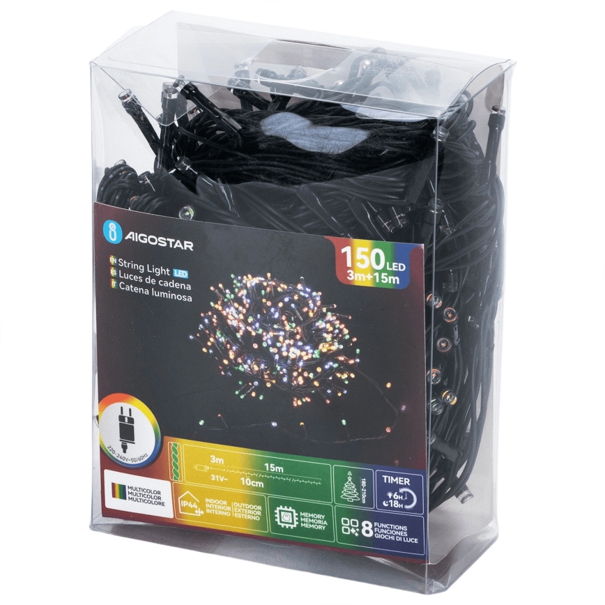 Aigostar - Guirlanda de Natal LED para exterior, 150 LEDs, 8 funções, 18 m, IP44, multicolorido
