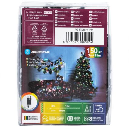 Aigostar - Guirlanda de Natal LED para exterior, 150 LEDs, 8 funções, 18 m, IP44, multicolorido