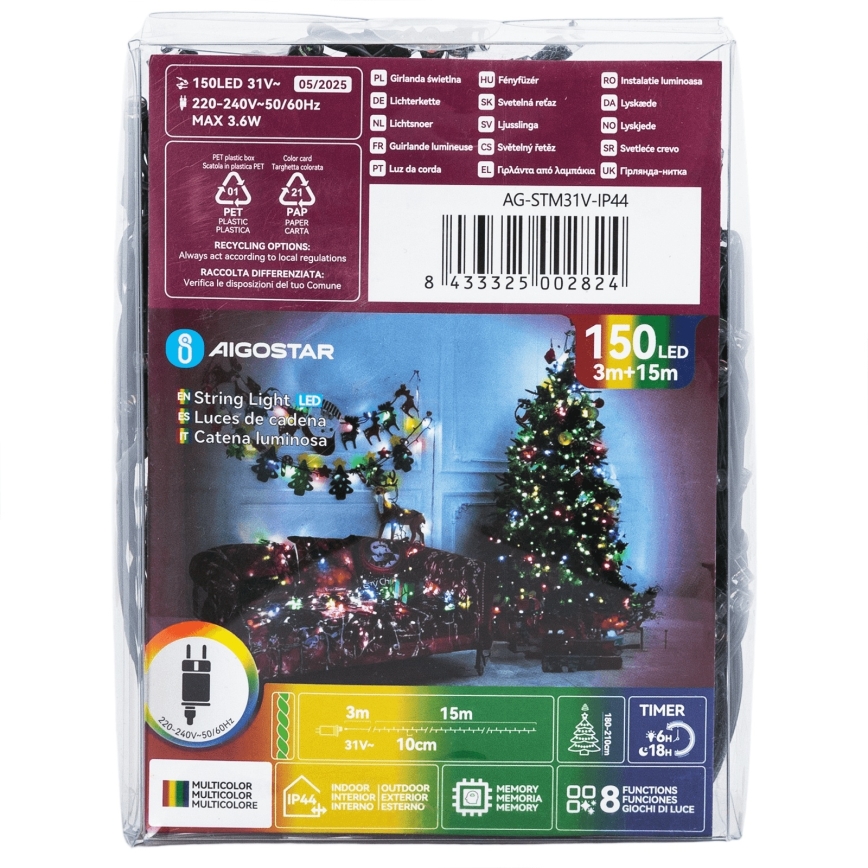 Aigostar - Guirlanda de Natal LED para exterior, 150 LEDs, 8 funções, 18 m, IP44, multicolorido