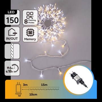 Aigostar - Guirlanda de Natal LED para exterior 150 LEDs/8 funções 18m IP44 branco quente/branco frio
