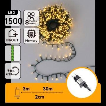 Aigostar - Guirlanda de Natal LED para exterior 1500 LEDs/8 funções 33m IP44 branco quente