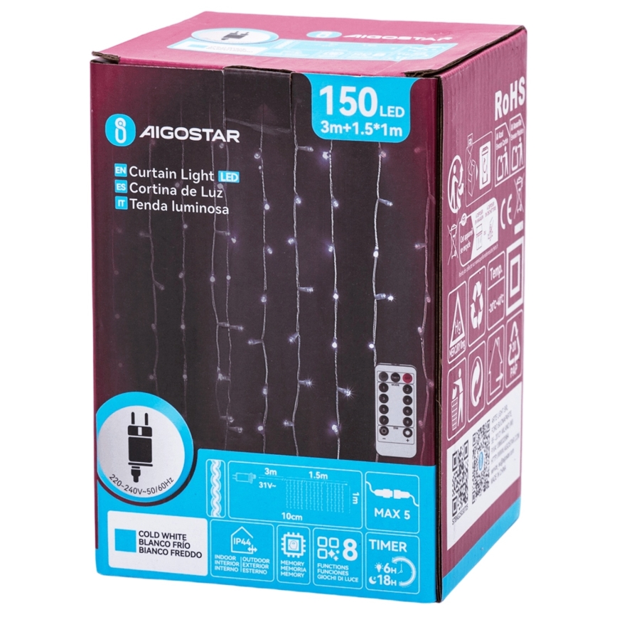 Aigostar - Guirlanda de Natal LED para exterior 150xLED/6W/230V/8 funções 1,5x1m IP44 branco frio + controlo remoto