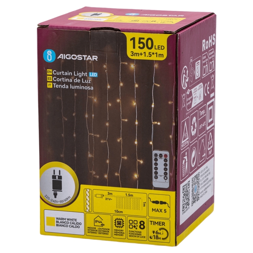 Aigostar - Cordão de luzes de Natal LED para exterior 150 LEDs/6W/230V/8 funções 1,5x1m IP44 branco quente + controlo remoto
