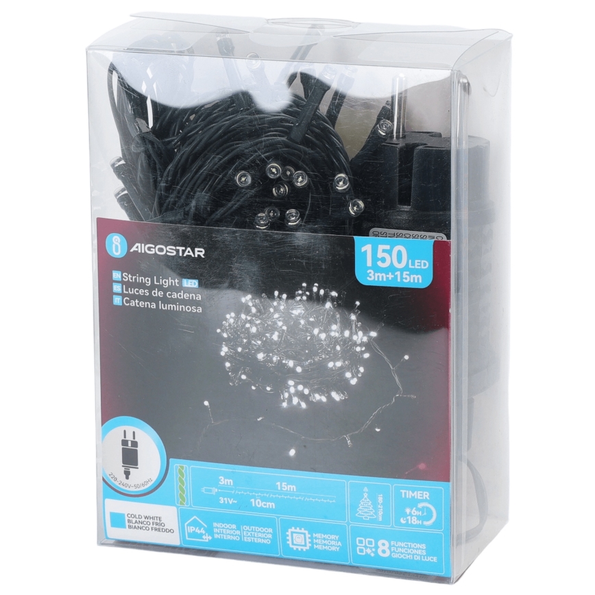 Aigostar - Guirlanda de Natal LED para exterior 150xLED/8 funções 18m IP44 branco frio