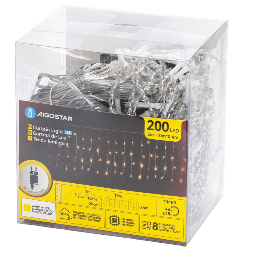 Aigostar - Guirlanda LED para exterior, 200 LEDs, 8 funções, 10 x 0,4 m, IP44, branco quente