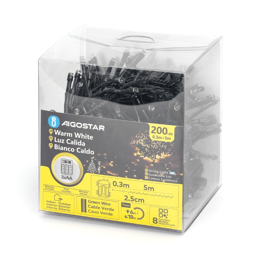 Aigostar - Guirlanda de Natal LED para exterior 200 LEDs/8 funções 3xAA 5,3 m IP44 branco quente