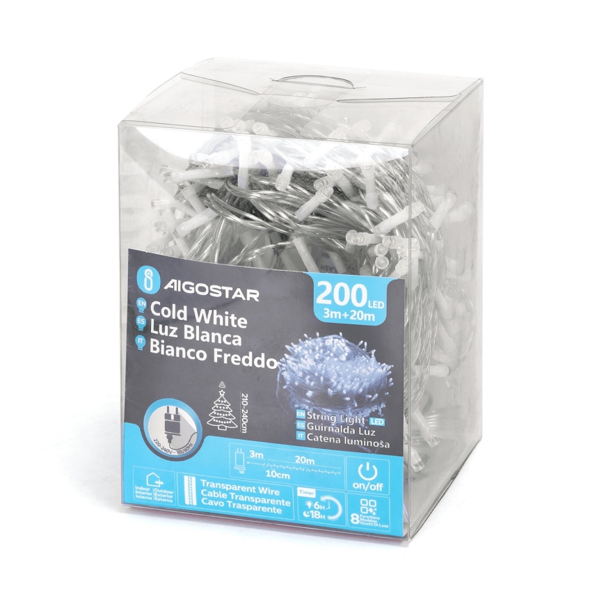 Aigostar - Guirlanda de Natal LED para exterior, 200 LEDs, 8 modos, 23 m, IP44, branco frio