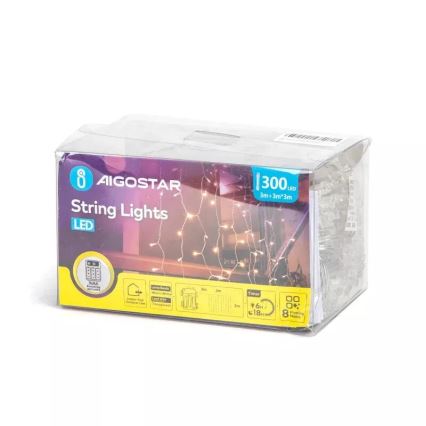 Aigostar - Guirlanda de Natal LED para exterior 300 LEDs/8 funções 3xAA 6x3m IP44 branco quente