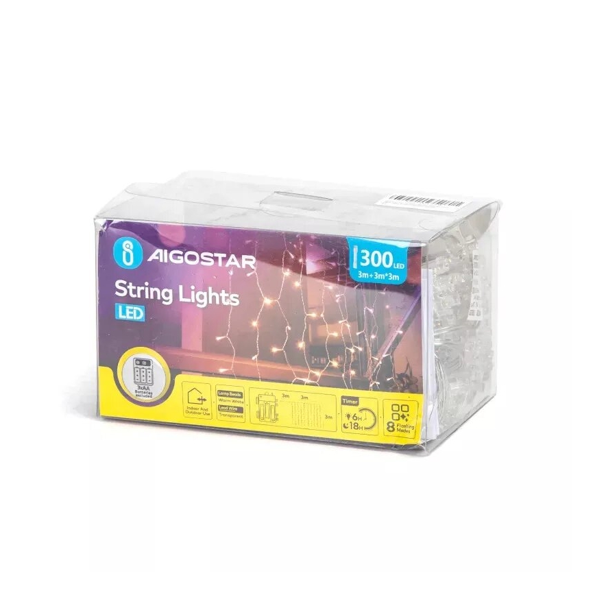 Aigostar - Guirlanda de Natal LED para exterior 300 LEDs/8 funções 3xAA 6x3m IP44 branco quente