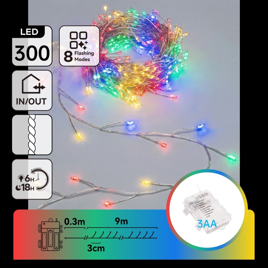 Aigostar - Guirlanda de Natal LED para exterior 300 LEDs/8 funções 3xAA 9,3 m IP44 multicolorido