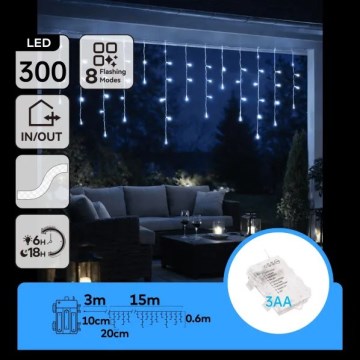 Aigostar - Guirlanda de Natal LED para exterior, 300 LEDs, 8 funções, alimentada por 3 pilhas AA, 18x0,6 m, IP44, branco frio