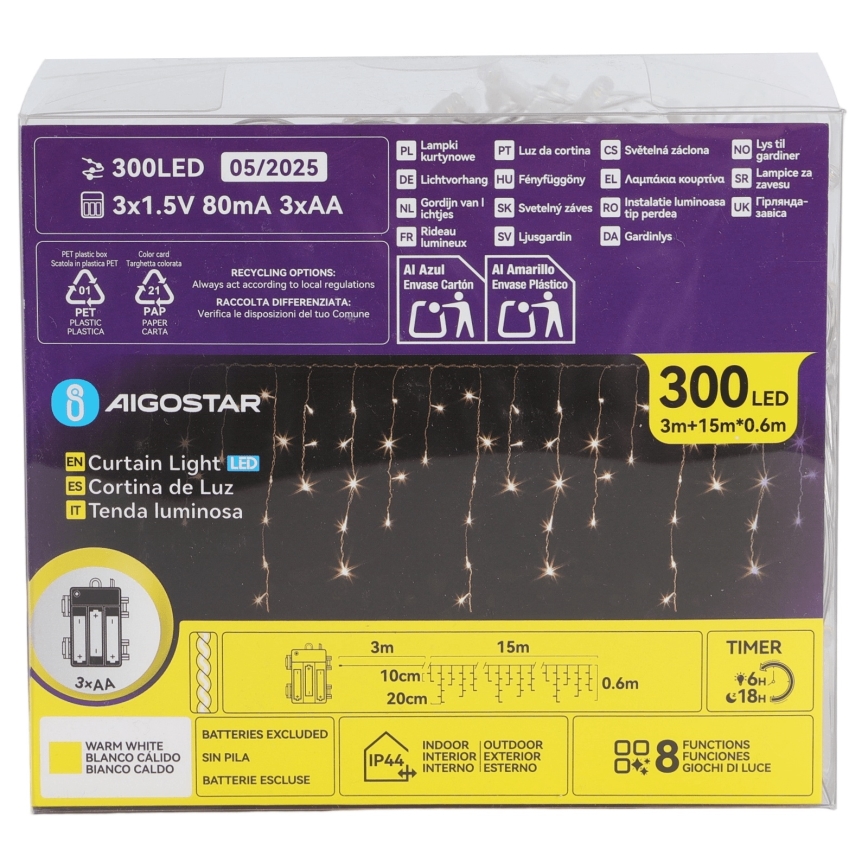 Aigostar - Cordão de luzes de Natal LED para exterior 300xLED/8 funções 3xAA 18x0,6 m IP44 branco quente