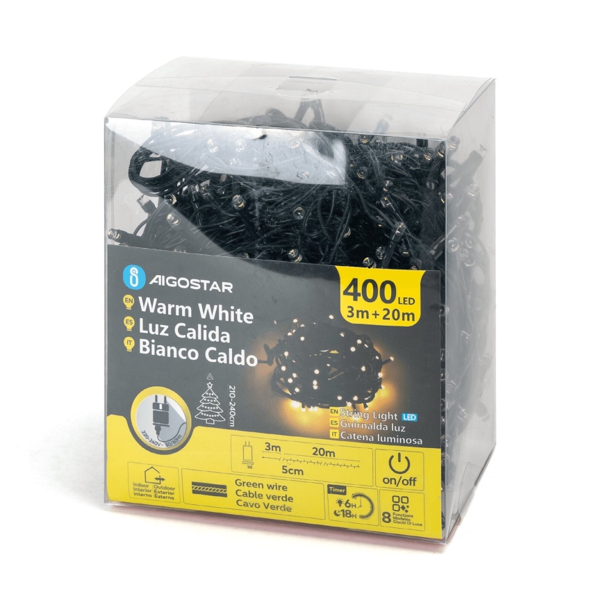Aigostar - Guirlanda de Natal LED para exterior 400xLED/8 funções 23m IP44 branco quente