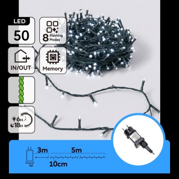 Aigostar - Guirlanda de Natal LED para exterior 50 LEDs/8 funções 8 m IP44 branco frio