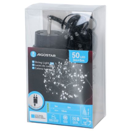 Aigostar - Guirlanda de Natal LED para exterior 50 LEDs/8 funções 8 m IP44 branco frio