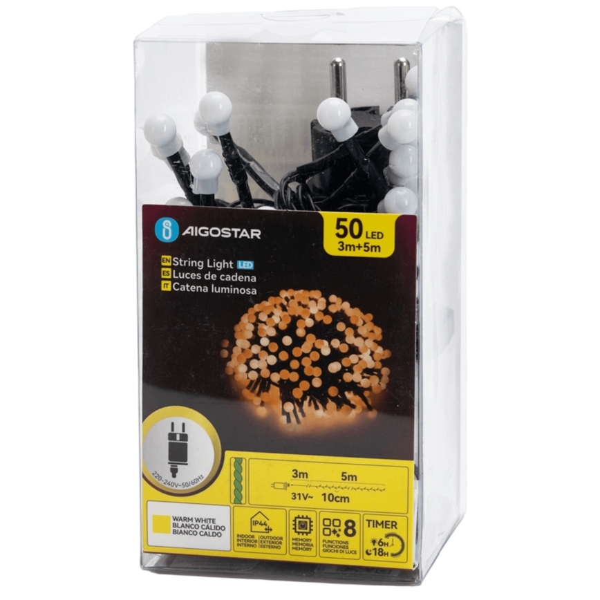 Aigostar - Guirlanda de Natal LED para exterior, 50 LEDs/8 funções, 8 m, IP44, branco quente
