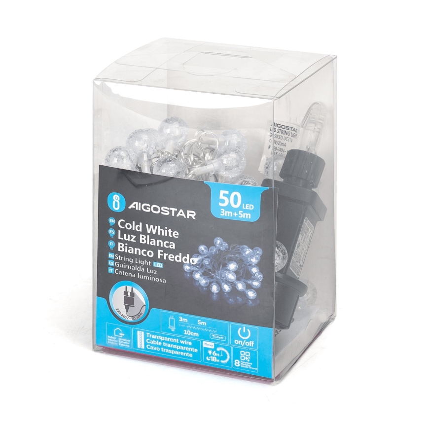 Aigostar - Guirlanda de Natal LED para exterior 50 LEDs/8 funções 8m IP44 branco frio