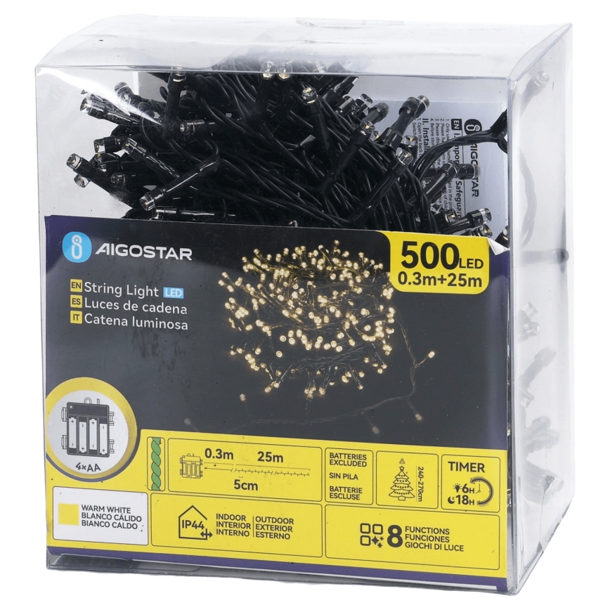 Aigostar - Cordão de luzes LED para exterior 500 LEDs/8 funções 4xAA 25,3 m IP44 branco quente