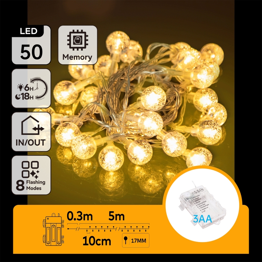 Aigostar - Guirlanda de Natal LED para Exterior 50xLED/3xAA/8 funções 5,3 m IP44 branco quente