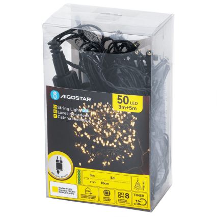 Aigostar - Guirlanda de Natal LED para exterior 50xLED/8 funções 8m IP44 branca quente