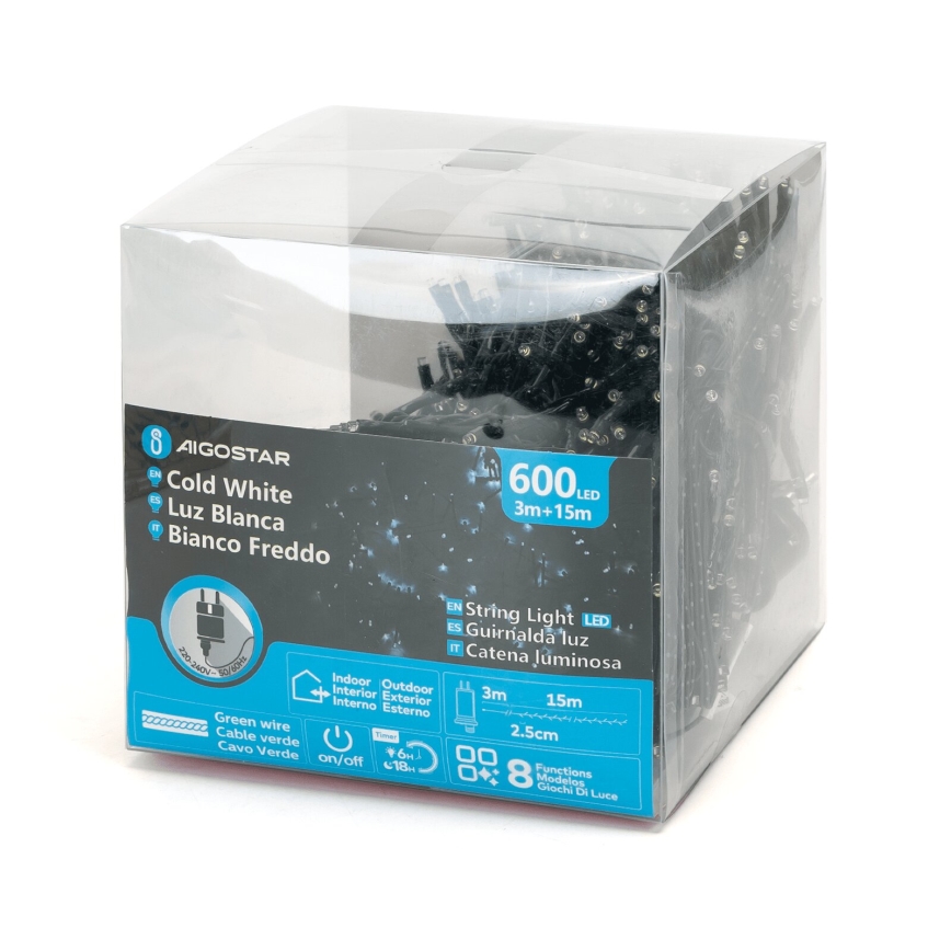 Aigostar - Guirlanda de Natal LED para exterior, 600 LEDs, 8 funções, 18 m, IP44, branco frio