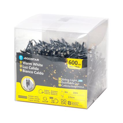 Aigostar - Guirlanda de Natal LED para exterior 600 LEDs/8 funções 18m IP44 branco quente