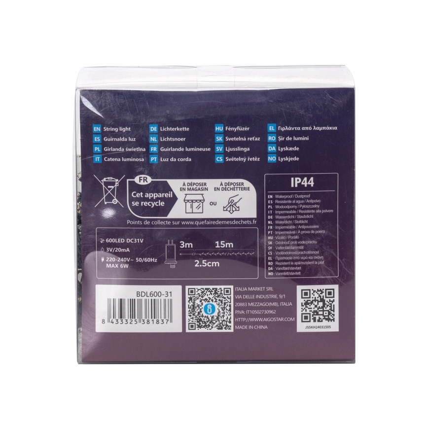 Aigostar - Guirlanda de Natal LED para exterior 600 LEDs/8 funções 18m IP44 branco quente