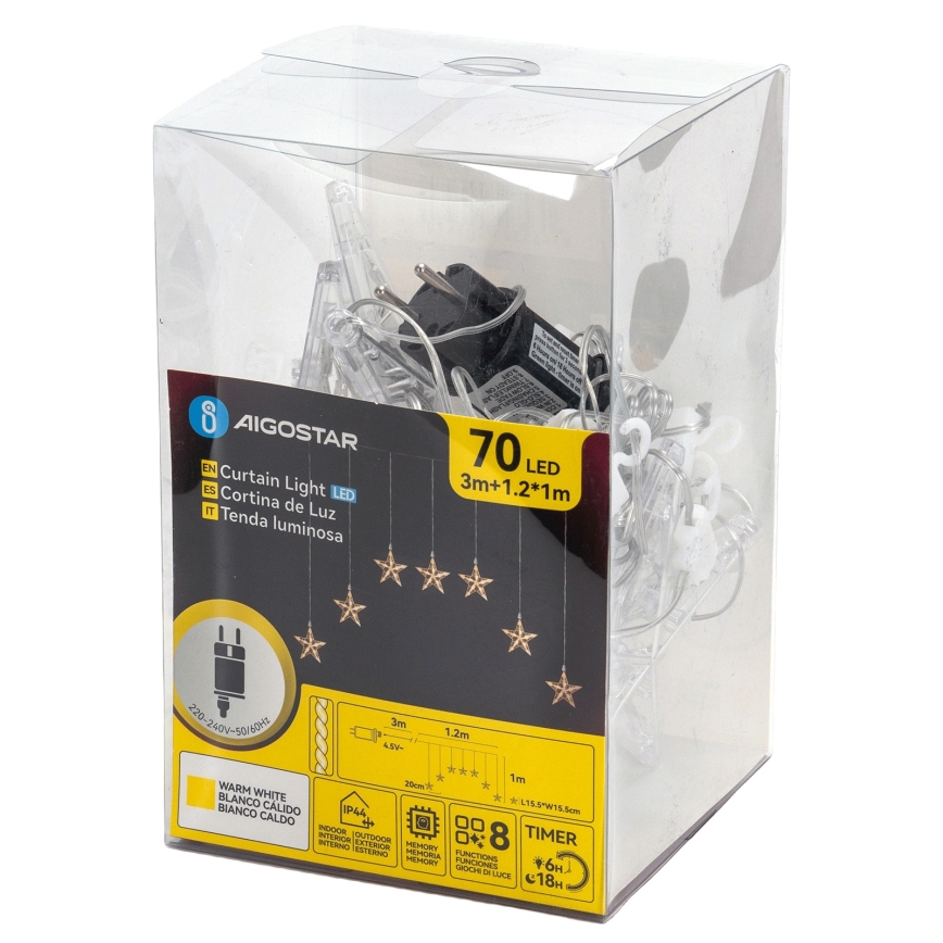 Aigostar - Cordão de luzes LED de Natal para exterior, 70 LEDs, 1,2 x 1 m, IP44, branco quente, estrelas