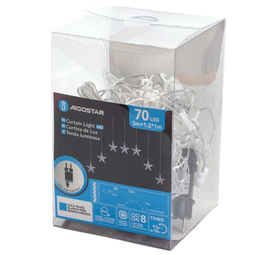Aigostar - Cordão de Natal LED para exterior 70 LEDs 1,2 x 1 m IP44, branco frio, com estrelas