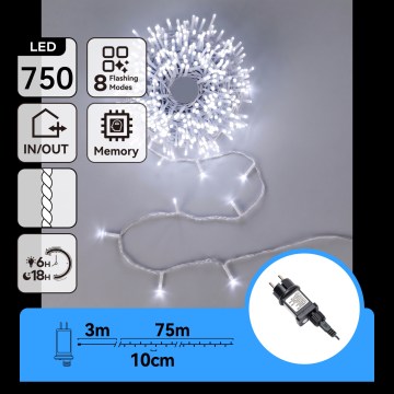 Aigostar - Guirlanda de Natal LED para exterior 750 LEDs/8 funções 78 m IP44 branco frio